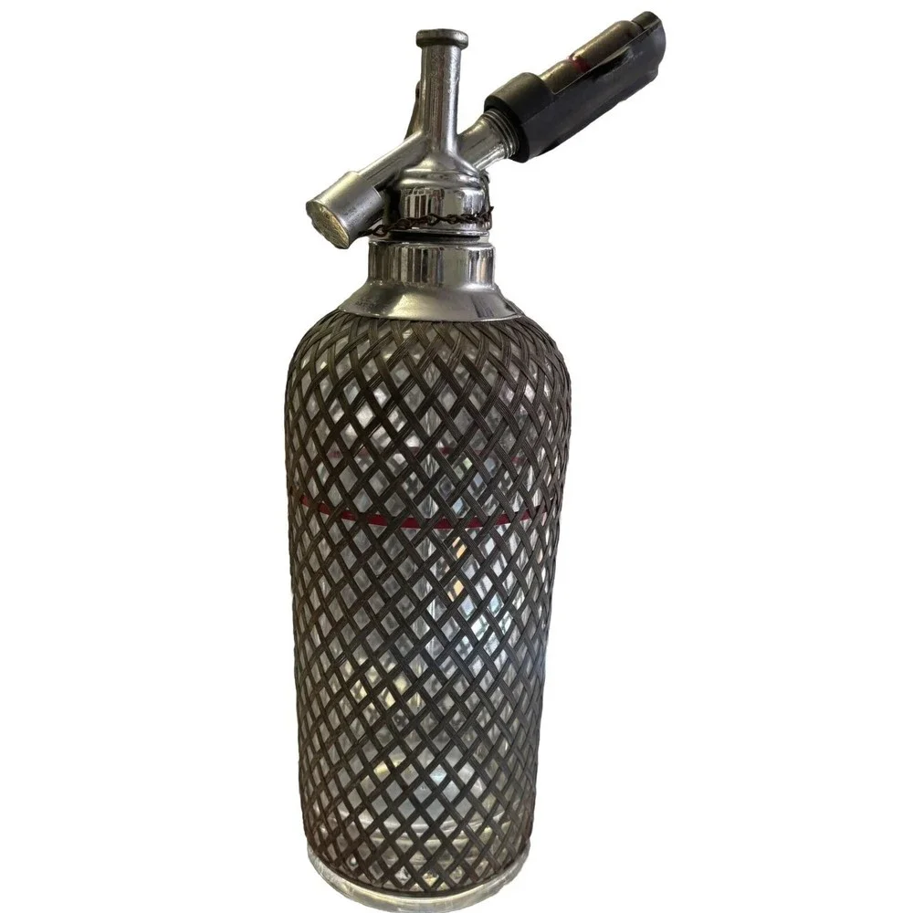 Vintage Art Deco Metal Wire Mesh Czech Glass Seltzer Bottle Sparklets USA NY